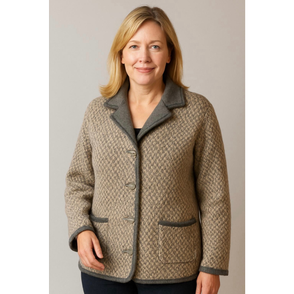 Women's Alfred Dunner Blazer Sz Lg Beige Gray Houndstooth Knit Wool Blend Office